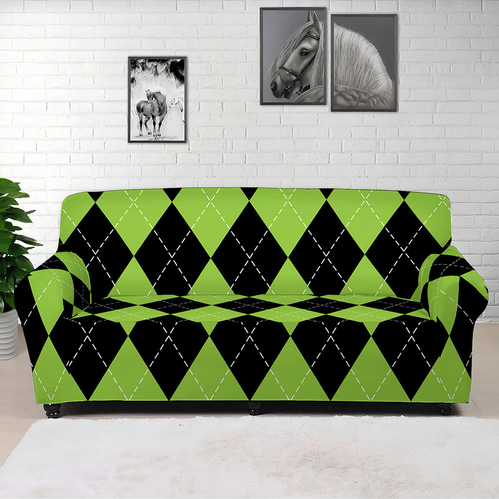 Black And Green Argyle Pattern Print Sofa Cover
