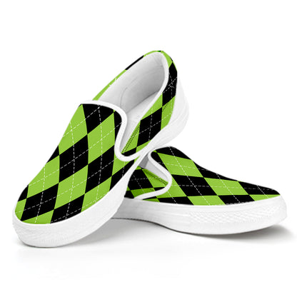 Black And Green Argyle Pattern Print White Slip On Shoes