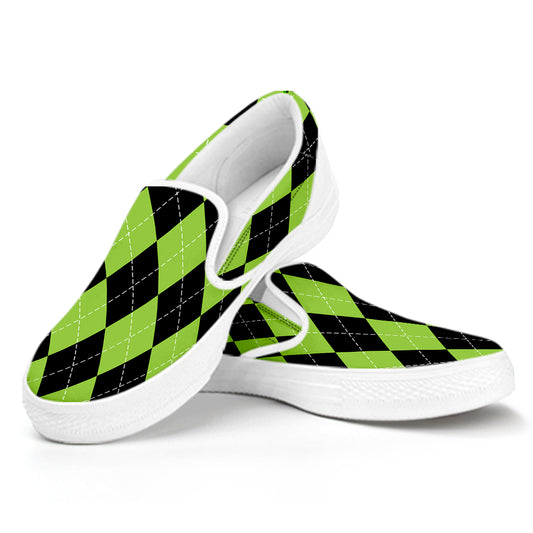 Black And Green Argyle Pattern Print White Slip On Shoes