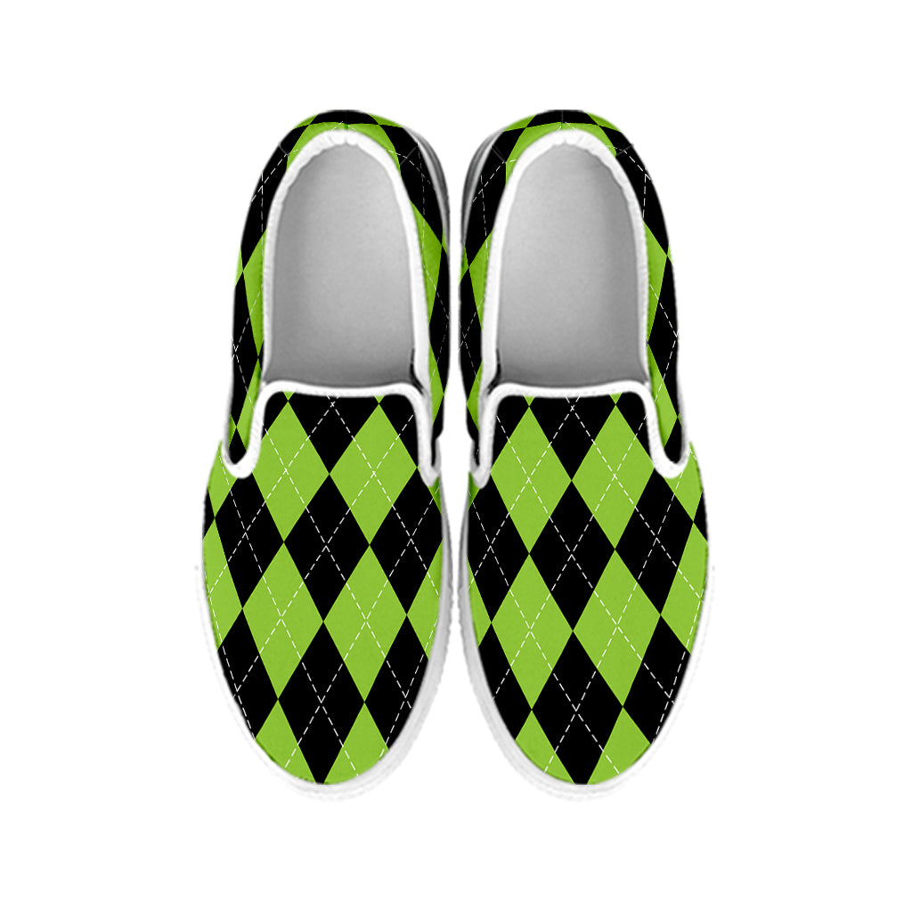 Black And Green Argyle Pattern Print White Slip On Shoes