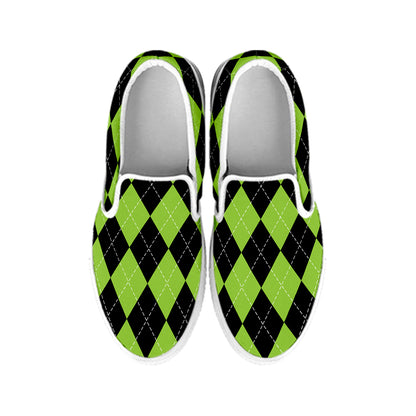 Black And Green Argyle Pattern Print White Slip On Shoes