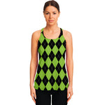 Black And Green Argyle Pattern Print Women's Racerback Tank Top
