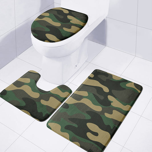 Black And Green Camouflage Print 3 Piece Bath Mat Set