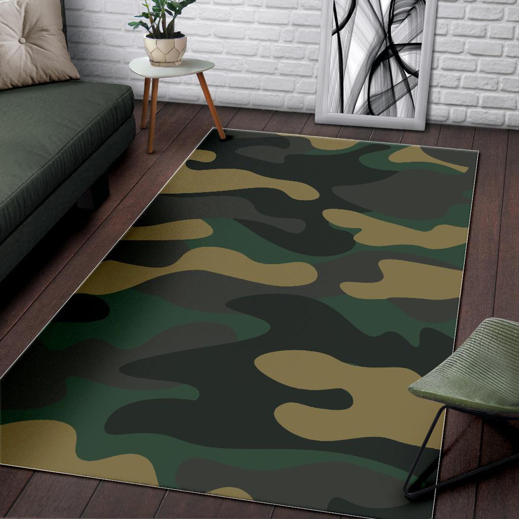 Black And Green Camouflage Print Area Rug GearFrost