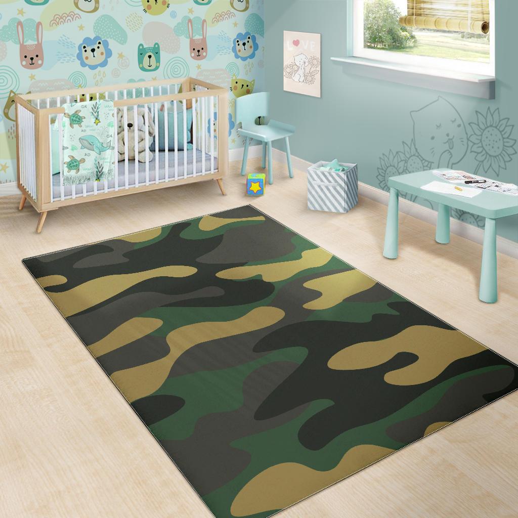 Black And Green Camouflage Print Area Rug GearFrost