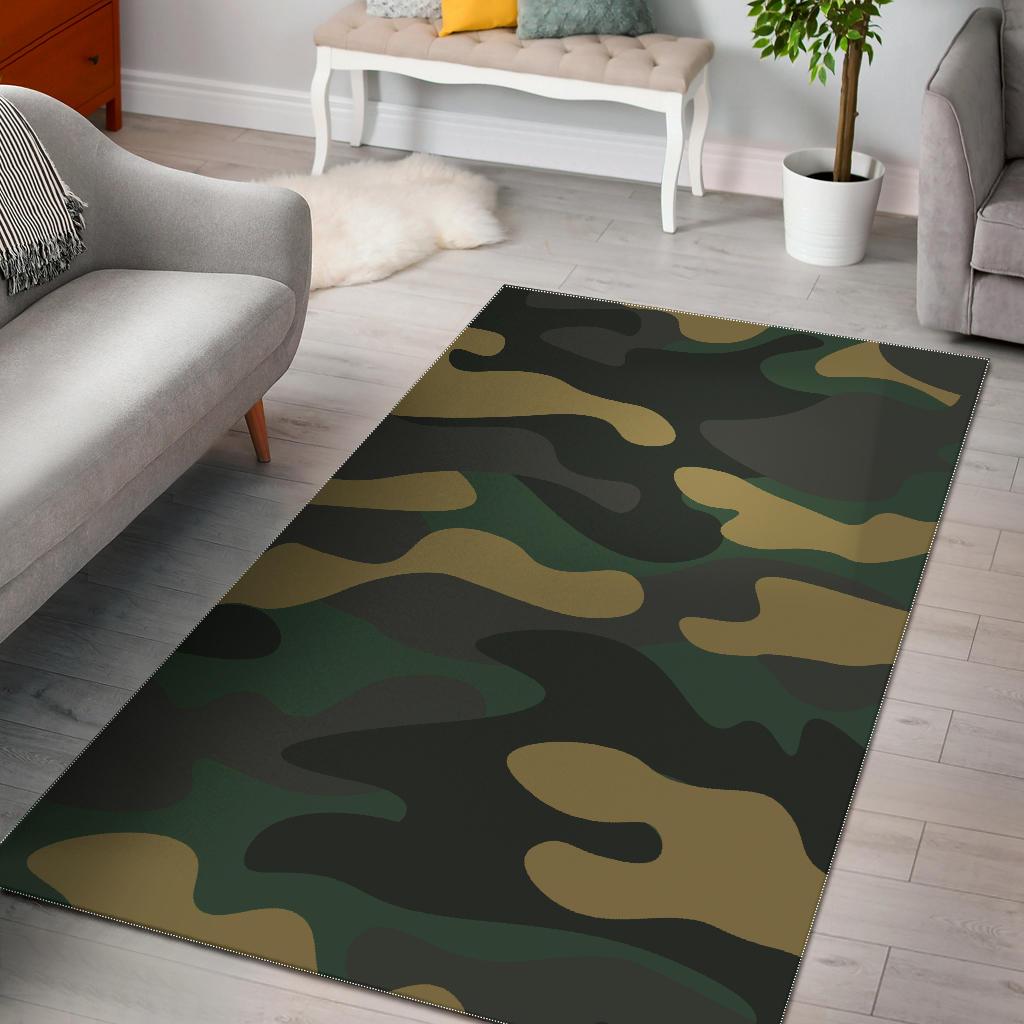 Black And Green Camouflage Print Area Rug GearFrost