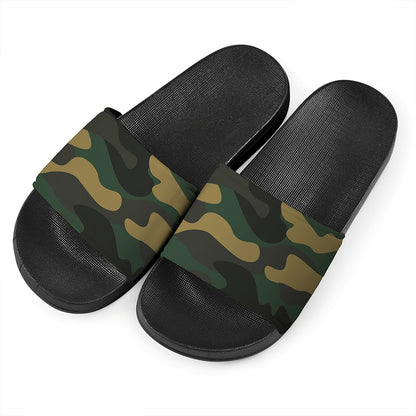Black And Green Camouflage Print Black Slide Sandals