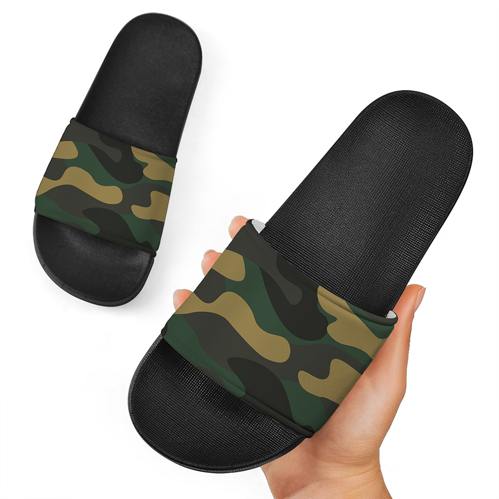 Black And Green Camouflage Print Black Slide Sandals