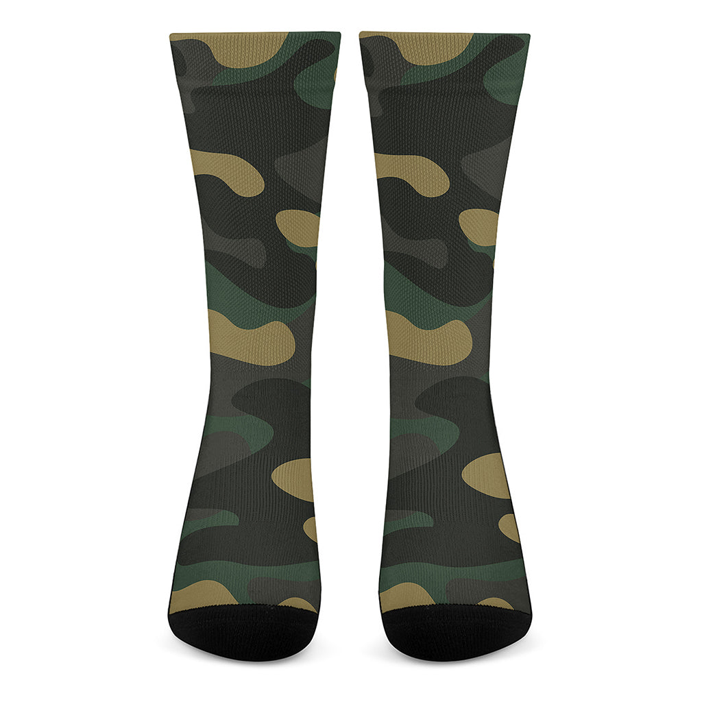 Black And Green Camouflage Print Crew Socks