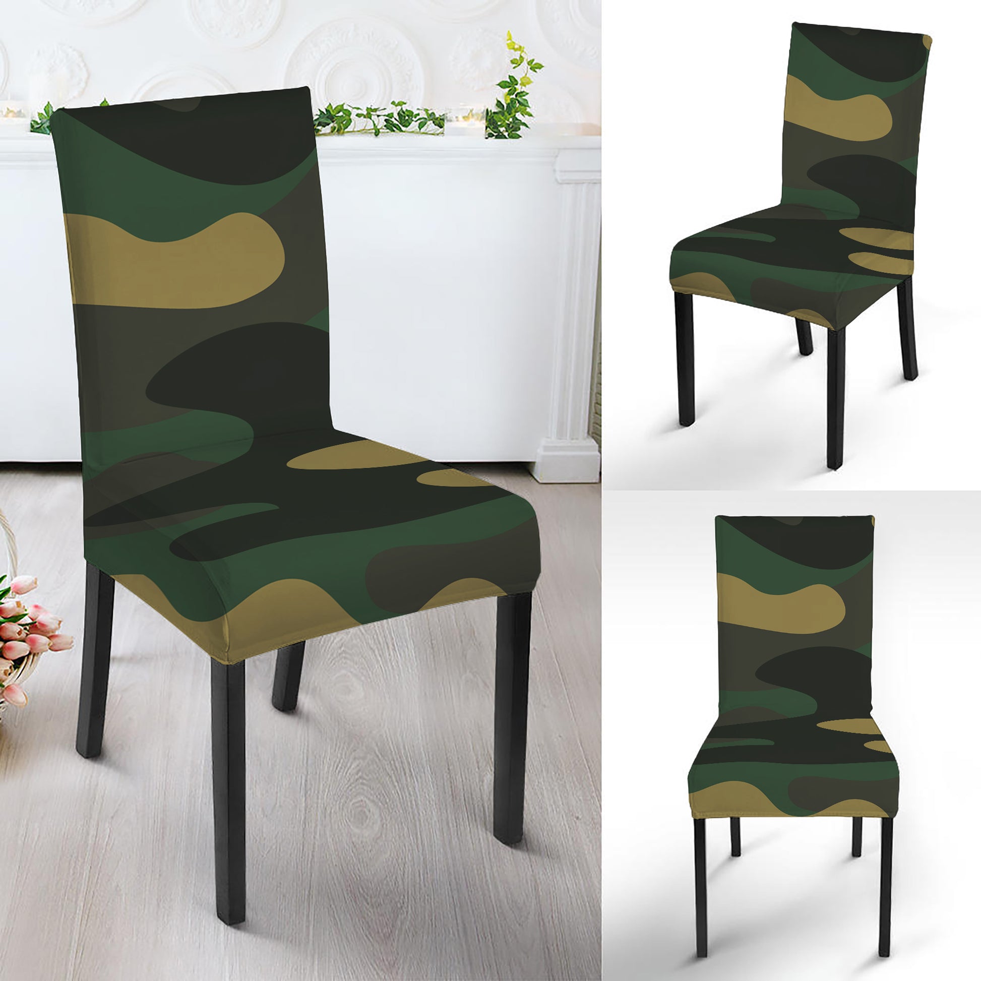 Black And Green Camouflage Print Dining Chair Slipcover
