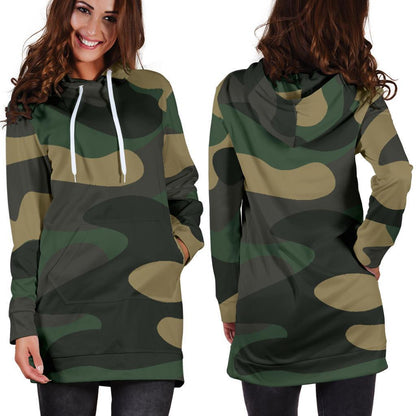Black And Green Camouflage Print Hoodie Dress GearFrost