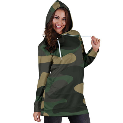 Black And Green Camouflage Print Hoodie Dress GearFrost