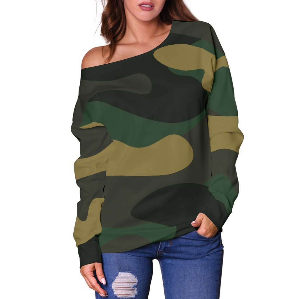 Black And Green Camouflage Print Off Shoulder Sweatshirt GearFrost