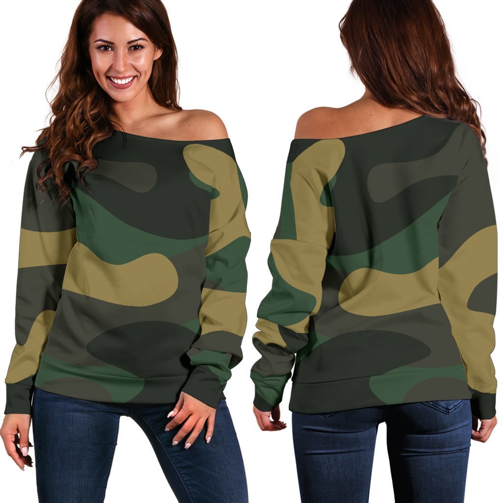 Black And Green Camouflage Print Off Shoulder Sweatshirt GearFrost