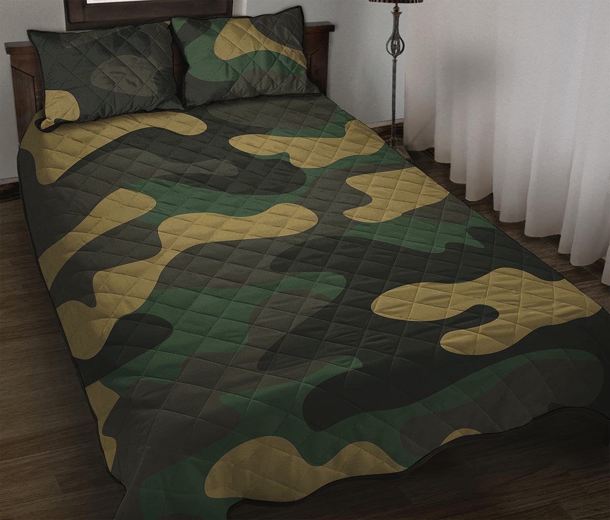Black And Green Camouflage Print Quilt Bed Set