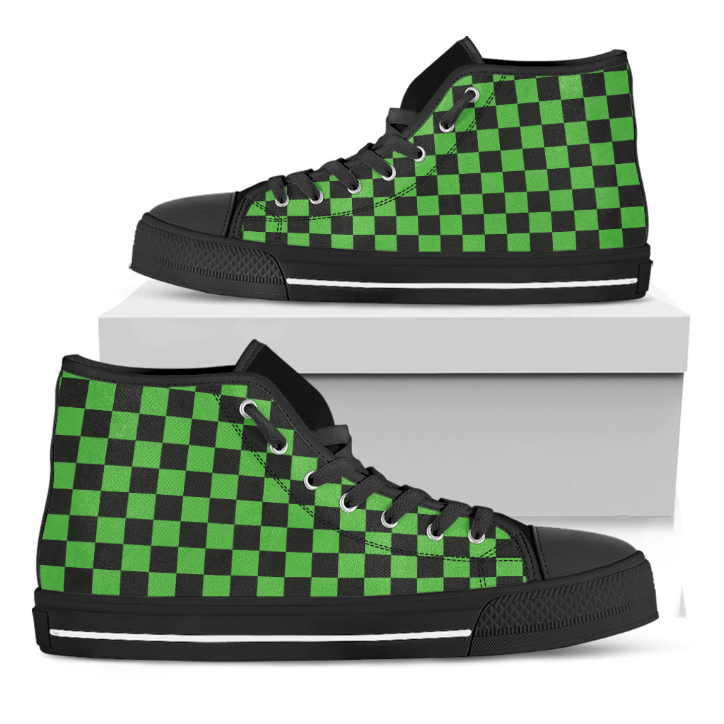 Black And Green Checkered Print Black High Top Shoes