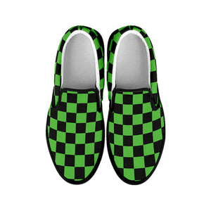 Black And Green Checkered Print Black Slip On Shoes