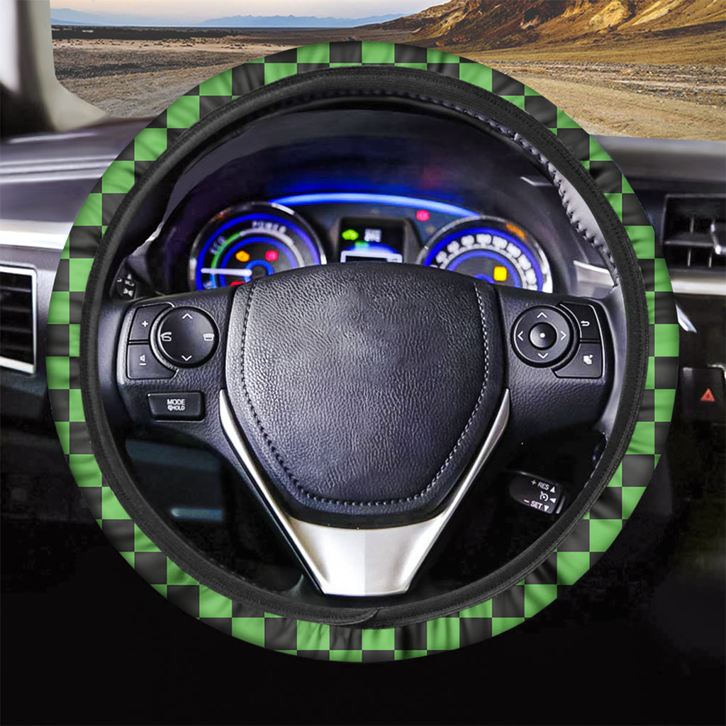 Black And Green Checkered Print Car Steering Wheel Cover