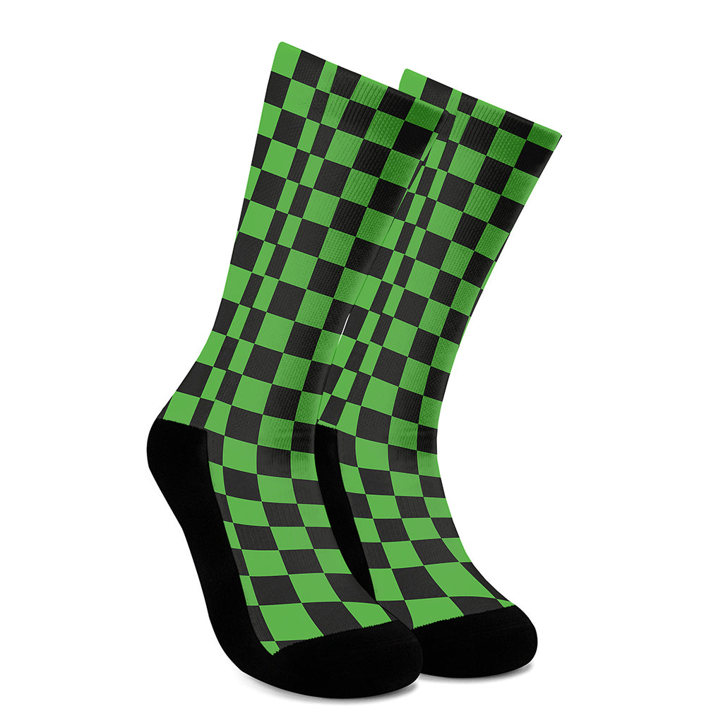 Black And Green Checkered Print Crew Socks