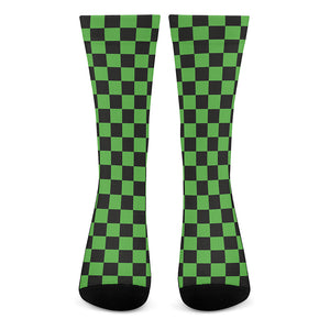 Black And Green Checkered Print Crew Socks