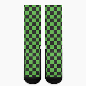 Black And Green Checkered Print Crew Socks