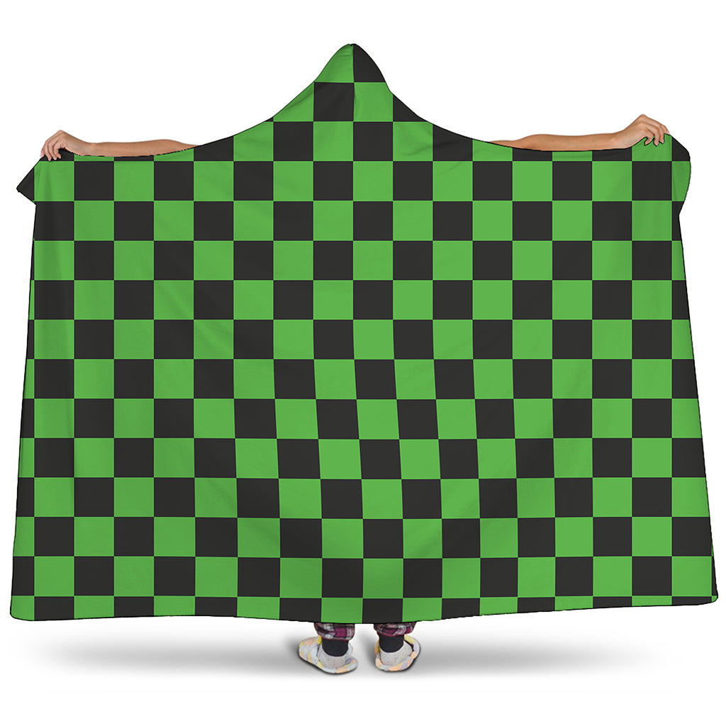Black And Green Checkered Print Hooded Blanket