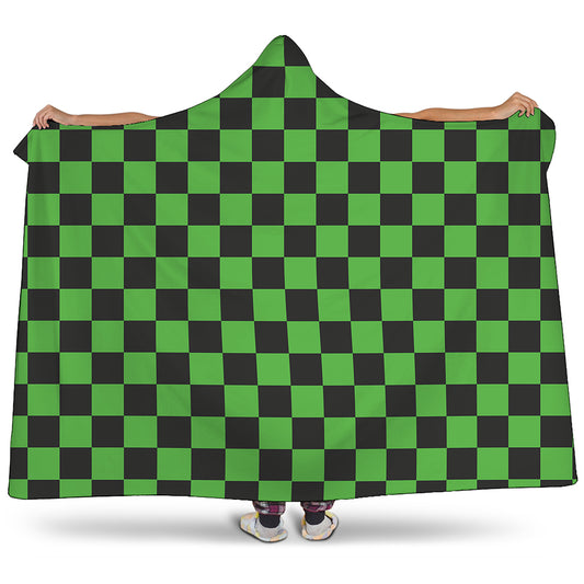 Black And Green Checkered Print Hooded Blanket