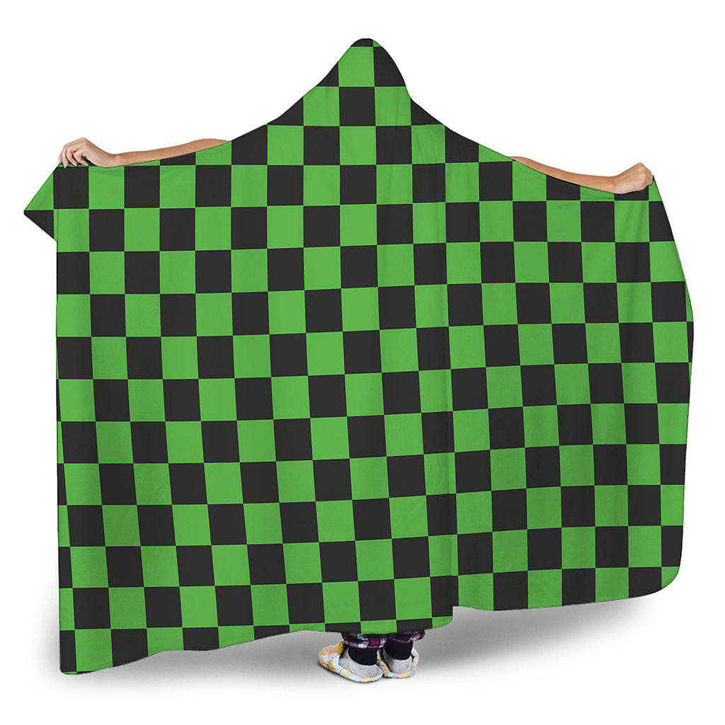Black And Green Checkered Print Hooded Blanket