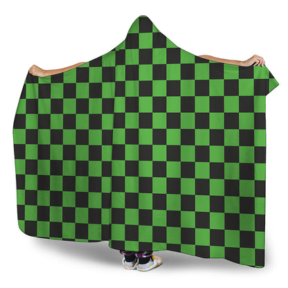 Black And Green Checkered Print Hooded Blanket