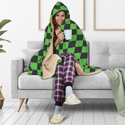 Black And Green Checkered Print Hooded Blanket