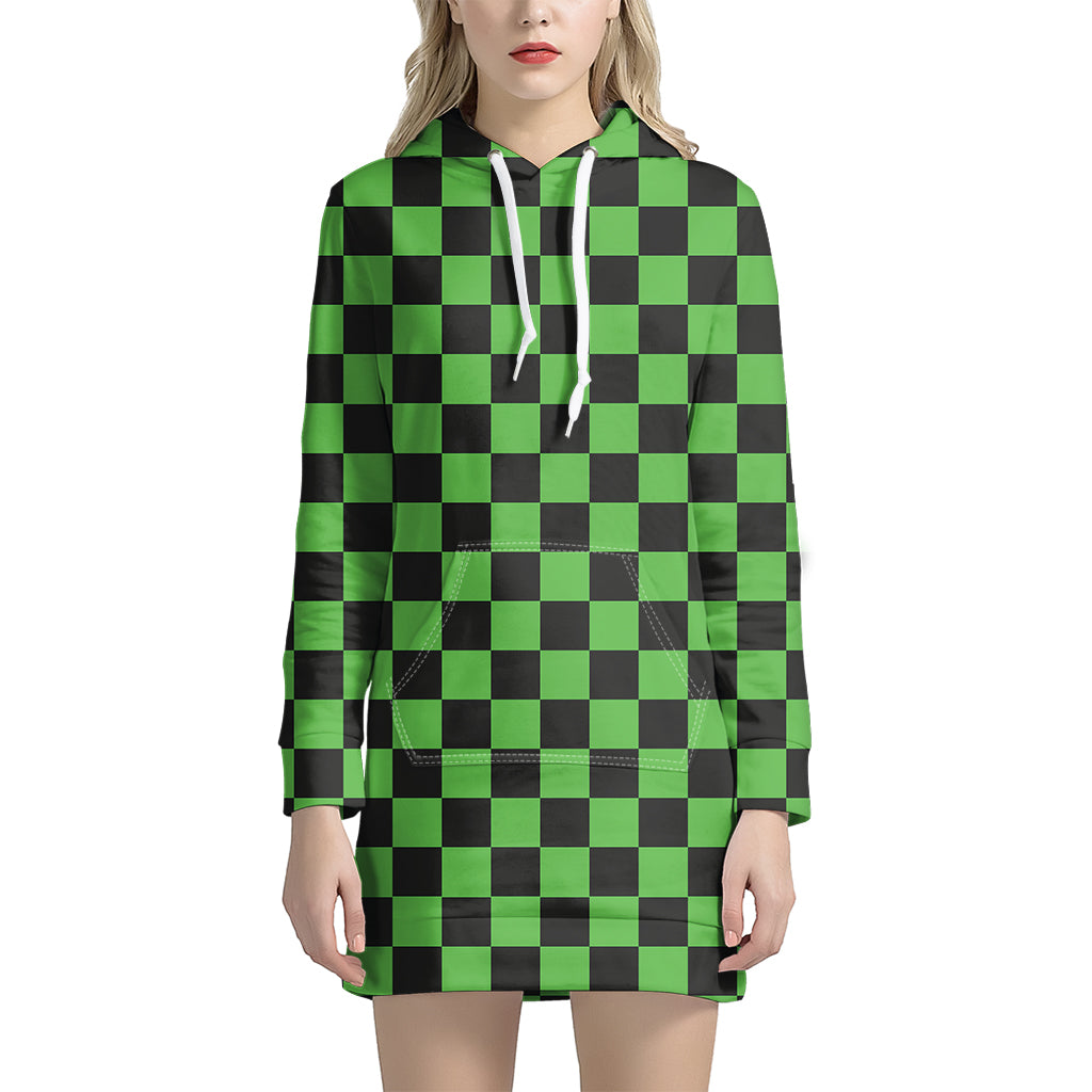 Black And Green Checkered Print Hoodie Dress