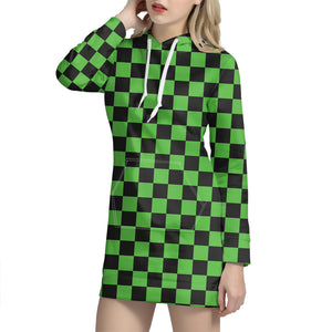 Black And Green Checkered Print Hoodie Dress