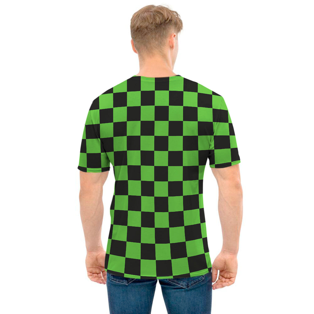 Black And Green Checkered Print Men's T-Shirt