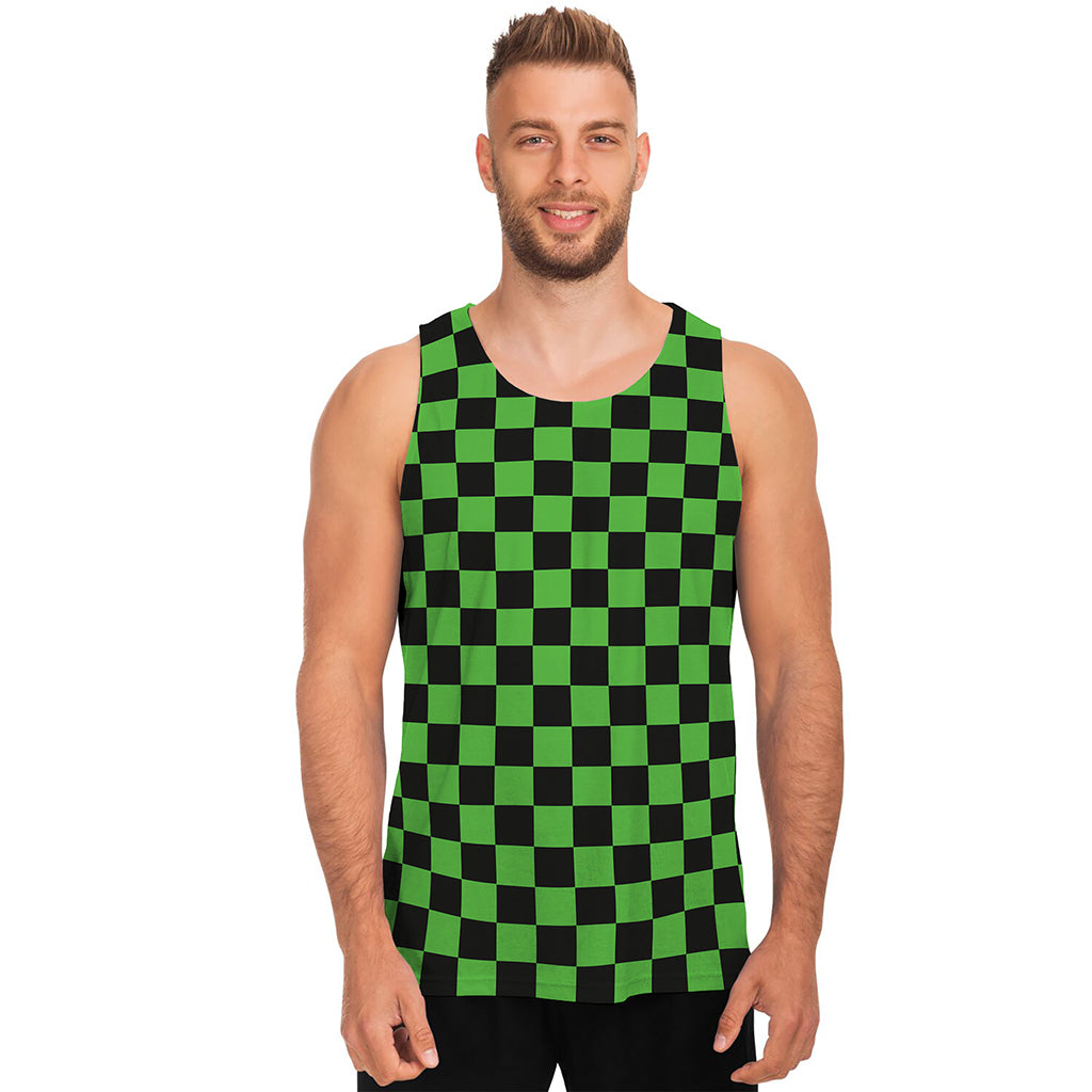Black And Green Checkered Print Men's Tank Top