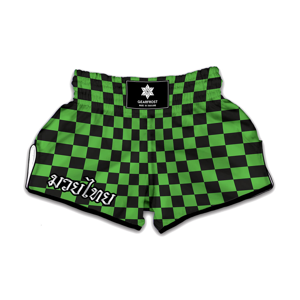 Black And Green Checkered Print Muay Thai Boxing Shorts