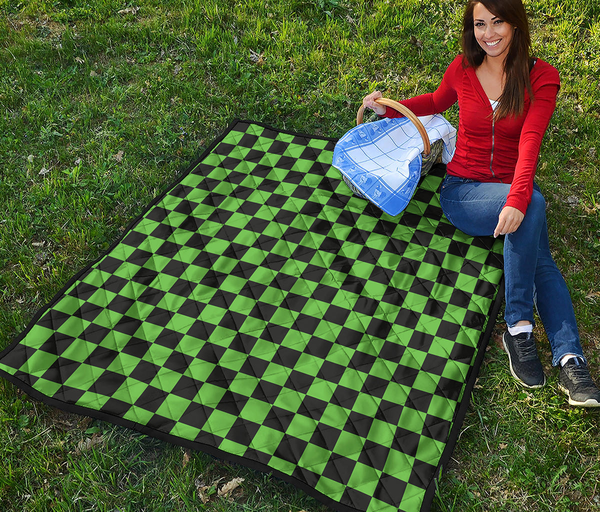 Black And Green Checkered Print Quilt