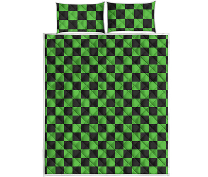 Black And Green Checkered Print Quilt Bed Set