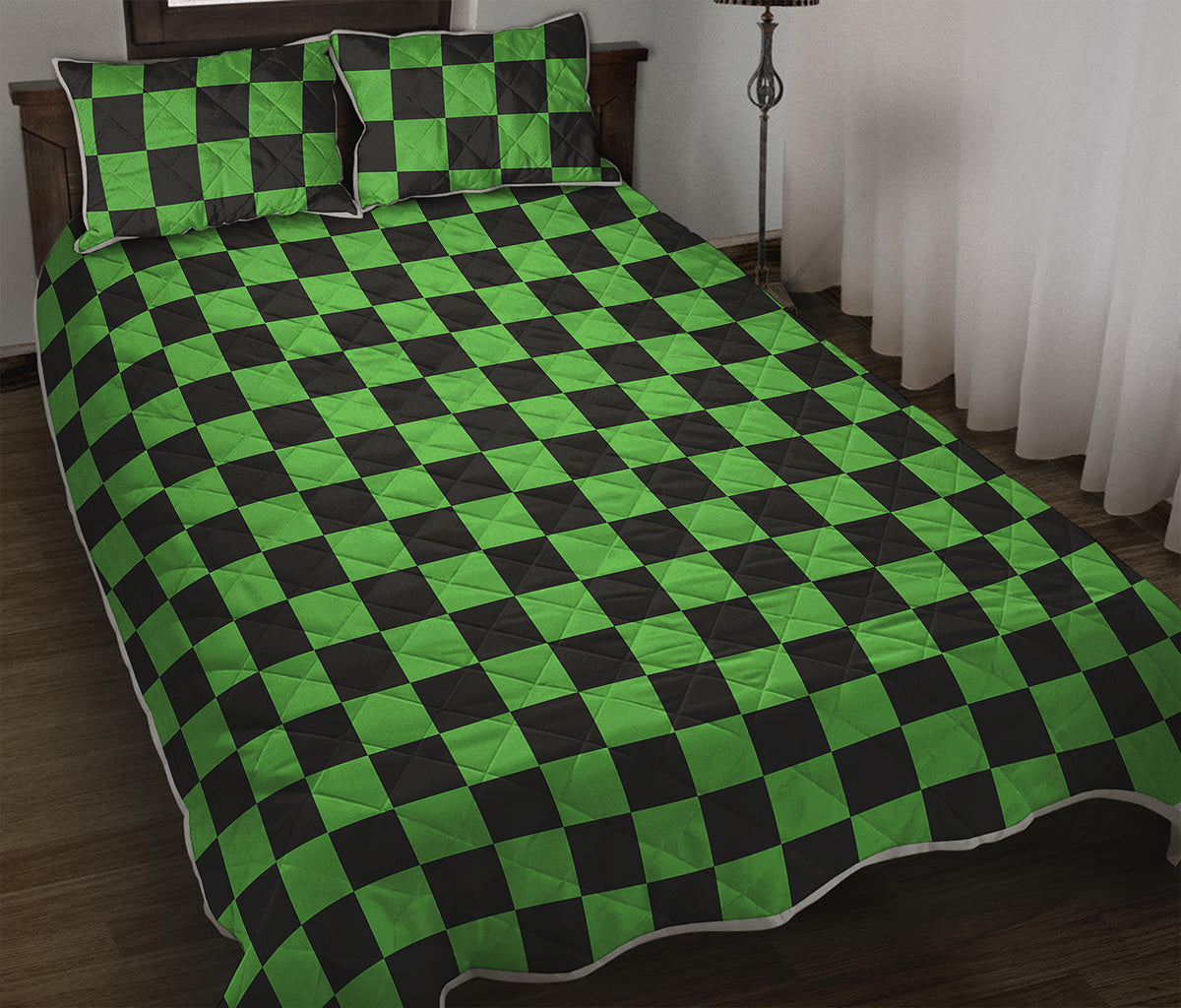 Black And Green Checkered Print Quilt Bed Set
