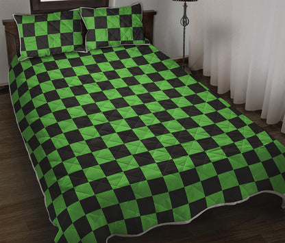 Black And Green Checkered Print Quilt Bed Set