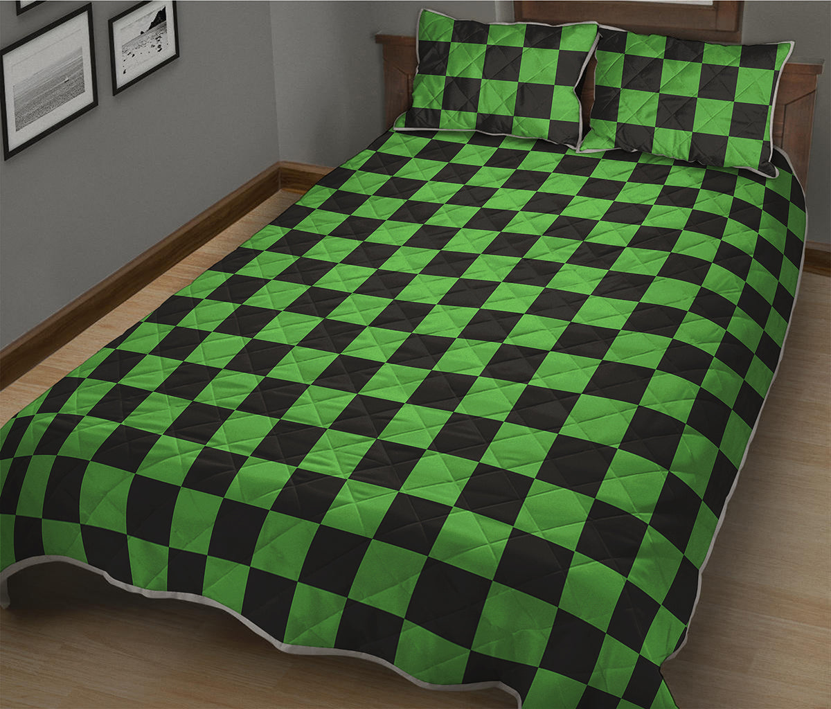 Black And Green Checkered Print Quilt Bed Set