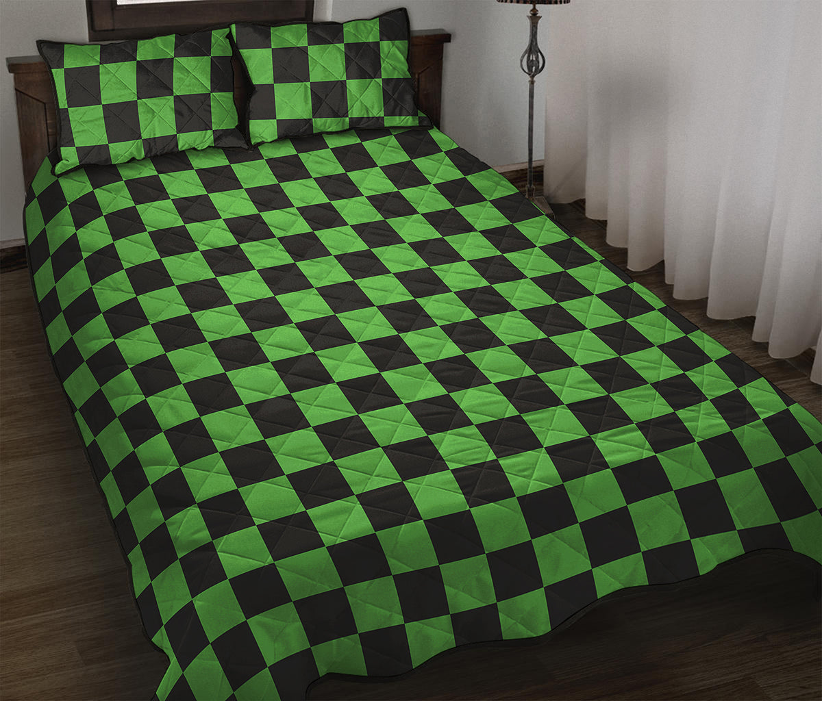 Black And Green Checkered Print Quilt Bed Set