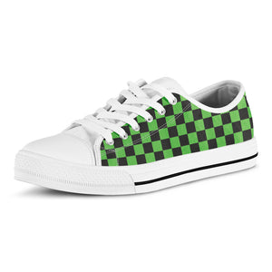 Black And Green Checkered Print White Low Top Shoes