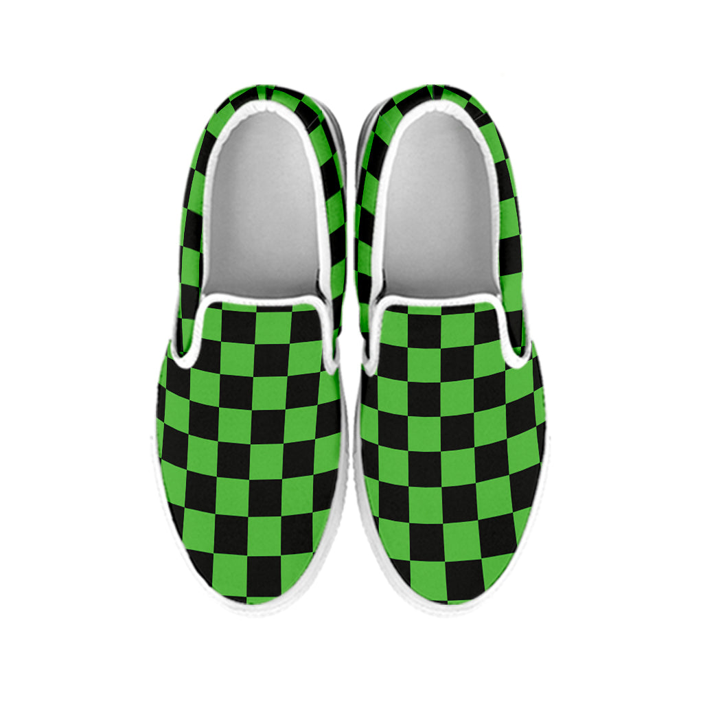 Black And Green Checkered Print White Slip On Shoes