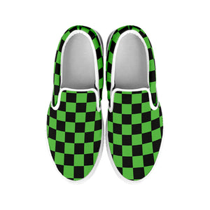 Black And Green Checkered Print White Slip On Shoes