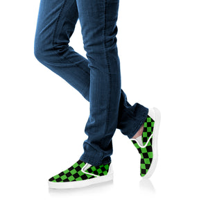 Black And Green Checkered Print White Slip On Shoes