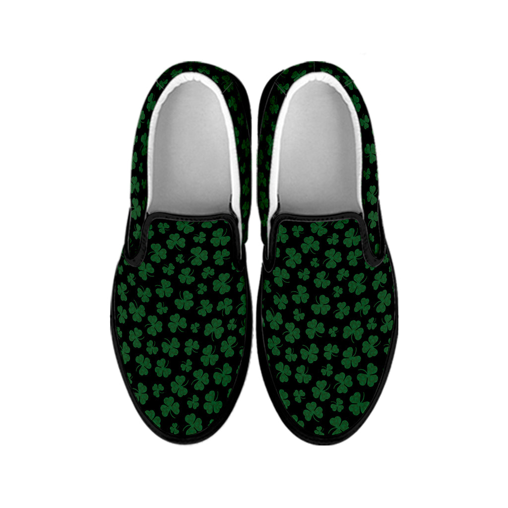 Black And Green Shamrock Pattern Print Black Slip On Shoes