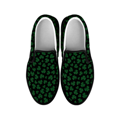Black And Green Shamrock Pattern Print Black Slip On Shoes