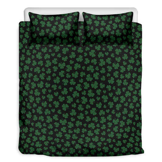 Black And Green Shamrock Pattern Print Duvet Cover Bedding Set