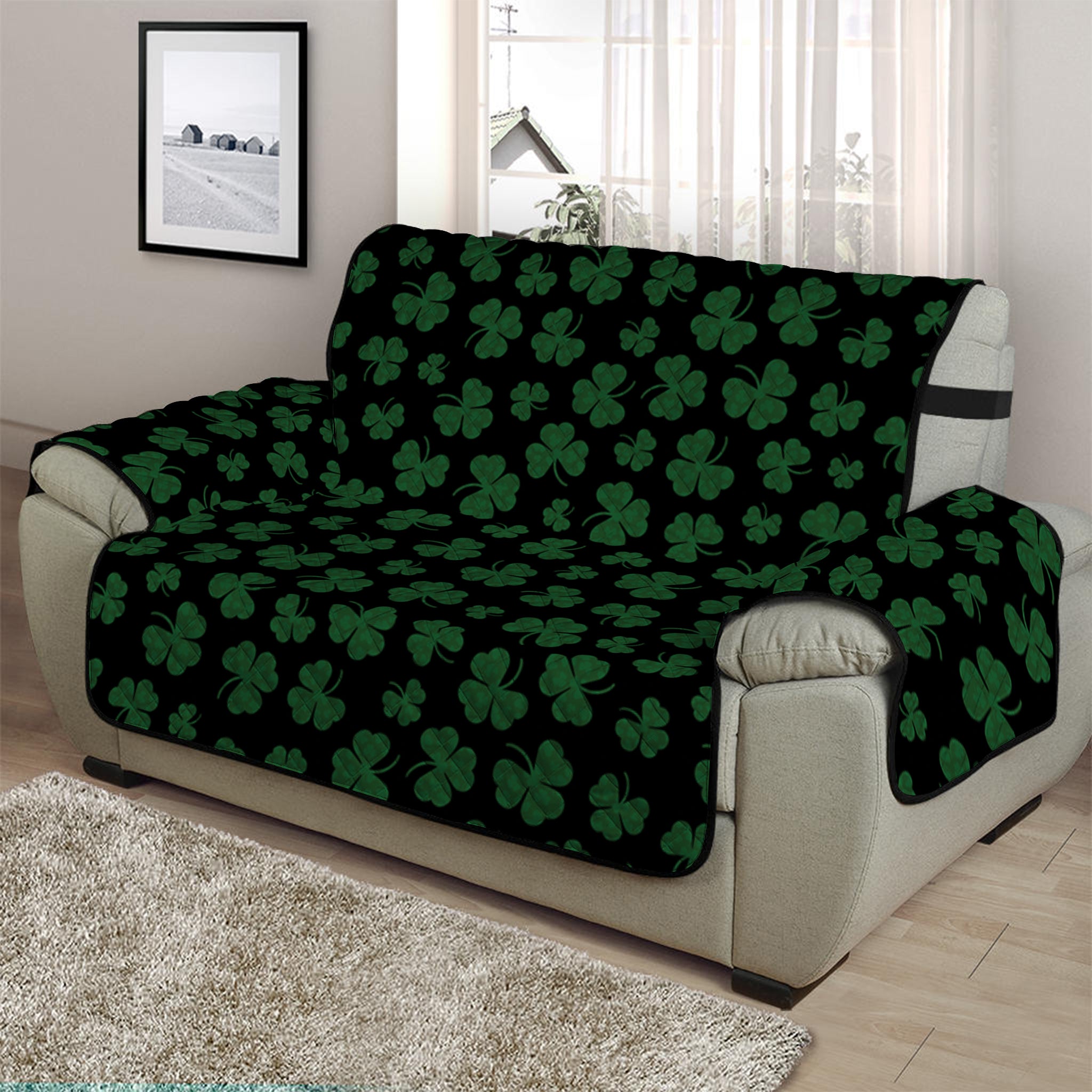 Black And Green Shamrock Pattern Print Half Sofa Protector