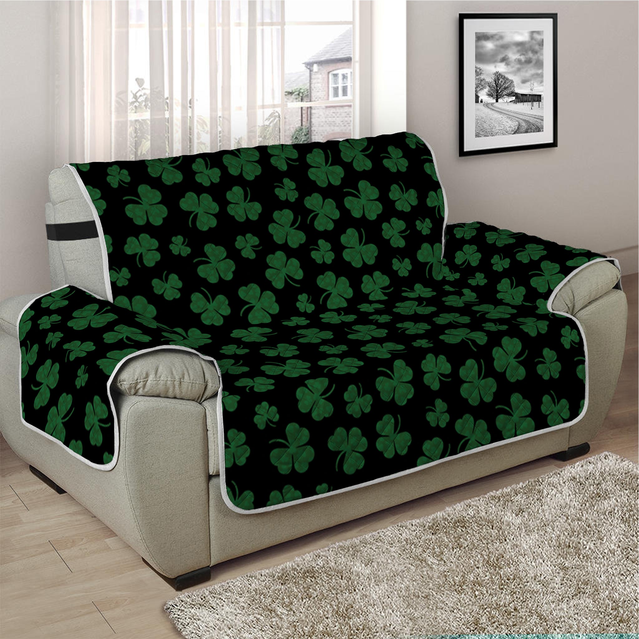 Black And Green Shamrock Pattern Print Half Sofa Protector